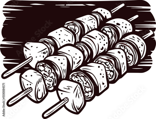 Grilled meat skewers with vegetables on rustic wooden background