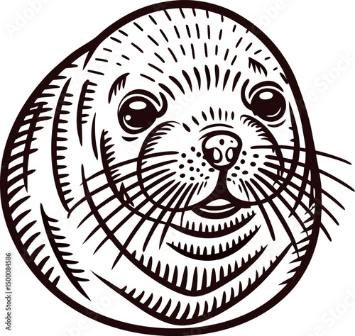 of a cute baby seal with whiskers and big eyes in line art
