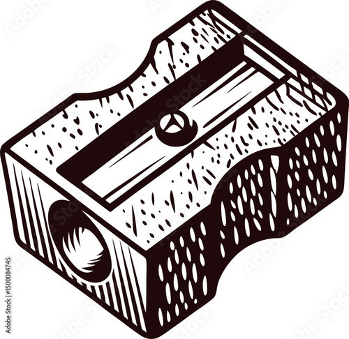 Wooden pencil sharpener with detailed carvings and metal blade design