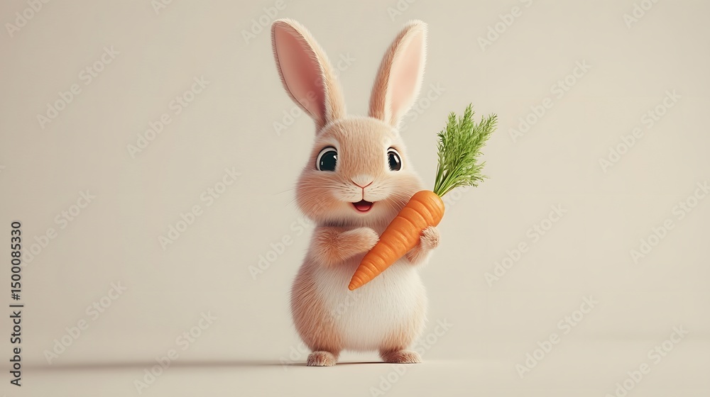 Obraz premium Minimalist cartoon rabbit holding a carrot on a beige background