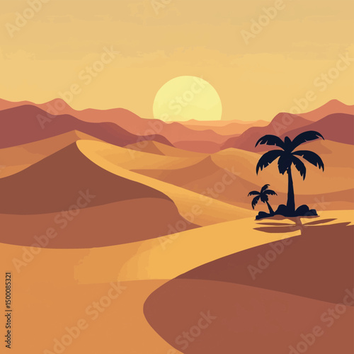 Minimalist Desert Oasis at Dusk with Retro Vector Style