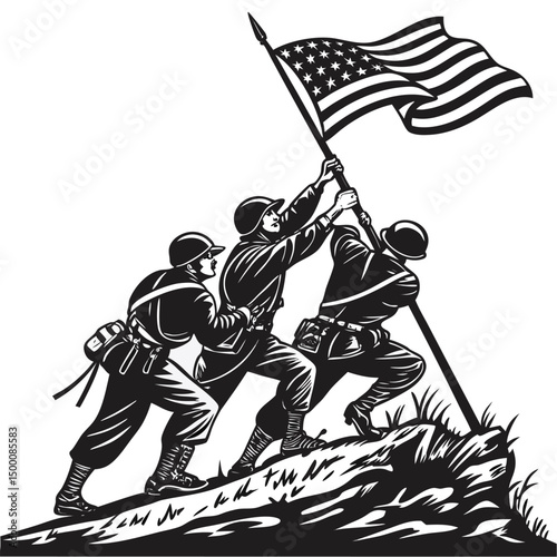 American Soldiers Raising the Flag Together on a Battlefield