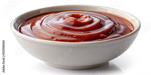Delicious dark brown BBQ sauce swirls in a white ceramic bowl
