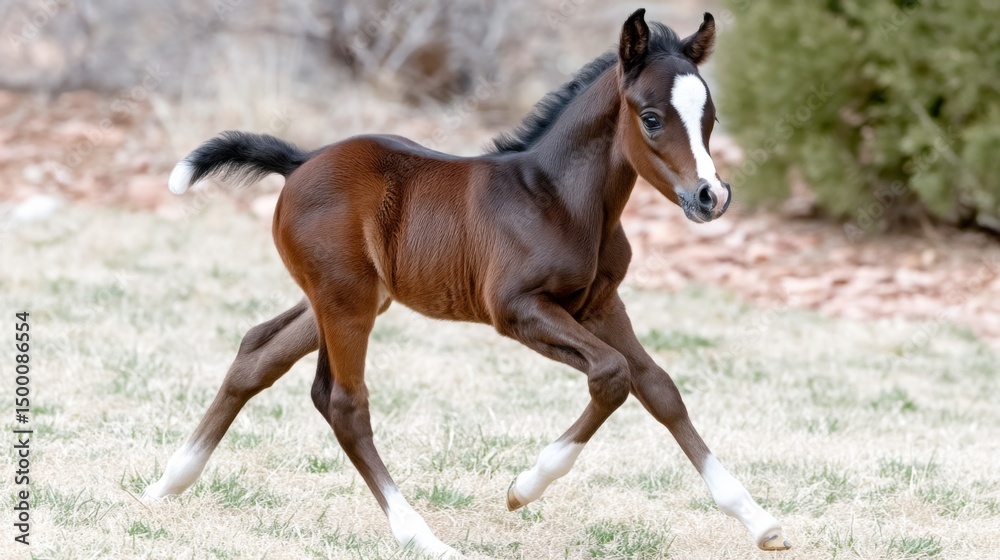 Fototapeta premium Young brown foal with white markings running outdoors on grass and dirt
