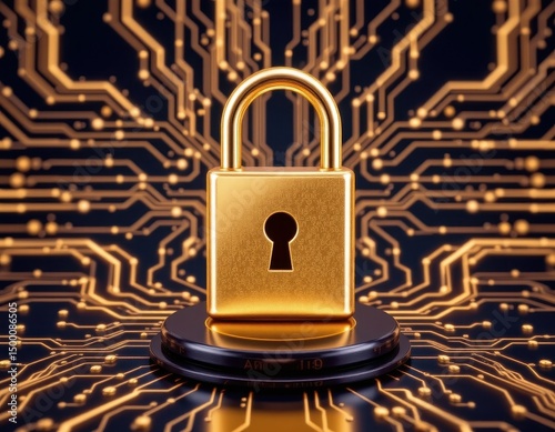 Golden Padlock on Digital Circuit Background for Security Concept