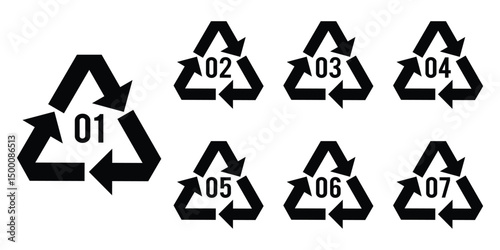 Numbers set of recycling symbol. The number in the triangle indicates the type of plastic. 1to7 number. Numbers set in recycling symbols. Paper recycling code icon set. PET, HDPE, PVC, LDPE, PP, PS