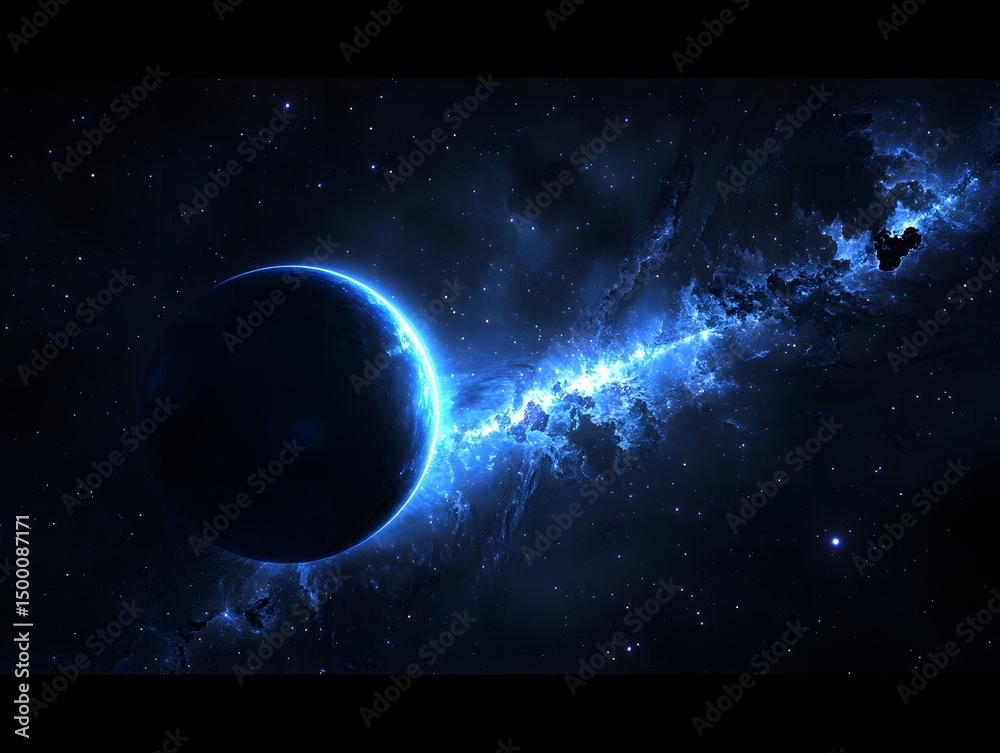 Fototapeta premium Stunning Blue Nebula and Planet Space Art: Cosmic Landscape