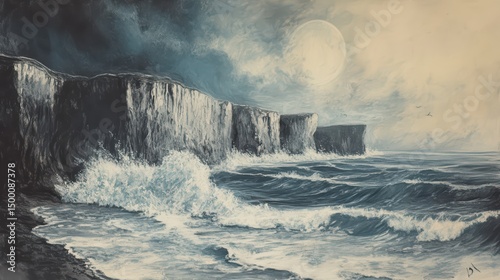 Painting of a stormy ocean with a large moon in the sky. The mood of the painting is dark