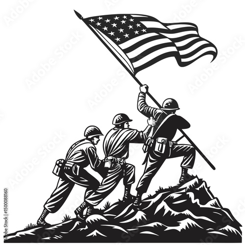 American Patriotic Soldiers Raise the Flag On a Mountain
