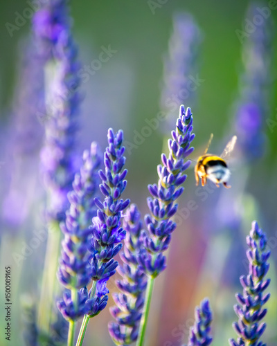 Lavender flowers with a flying bee in motion