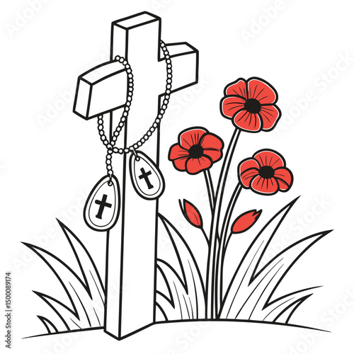 Remembrance Day Flowers and Cross Remembering the Fallen Soldiers