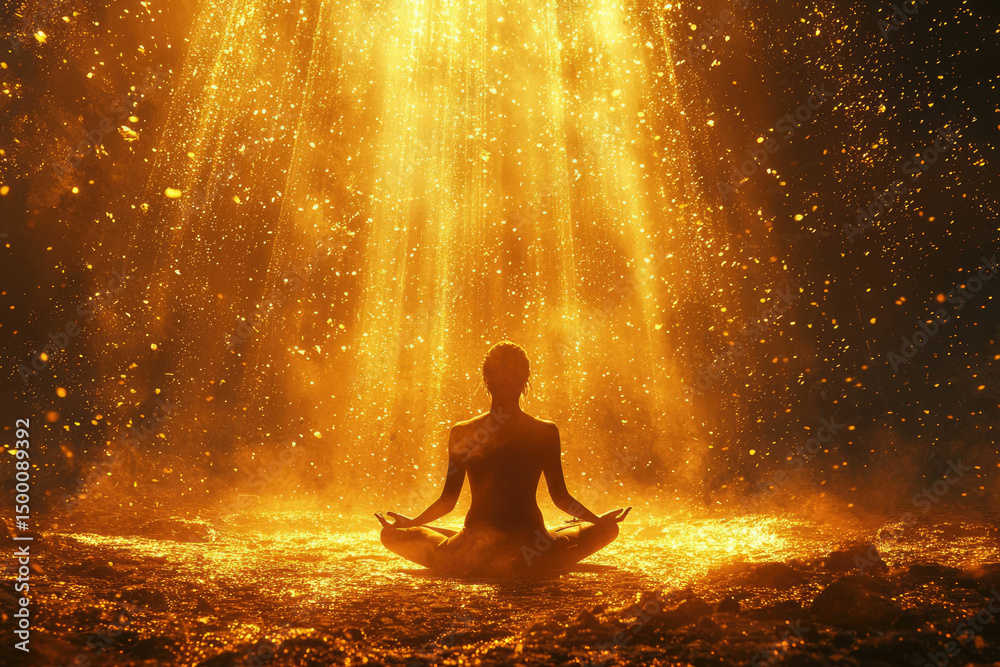 Silhouette of a person meditating under a golden, sparkling light. Silhouette of a person meditating under a golden, sparkling light.