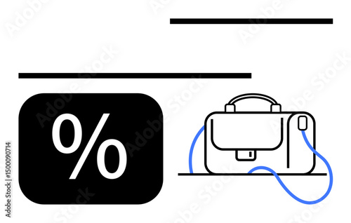 Percentage sign and briefcase with blue straps convey abstract ideas of business, finance, and strategy. Ideal for finance, analytics, savings, investments, economy, corporate goals flat simple