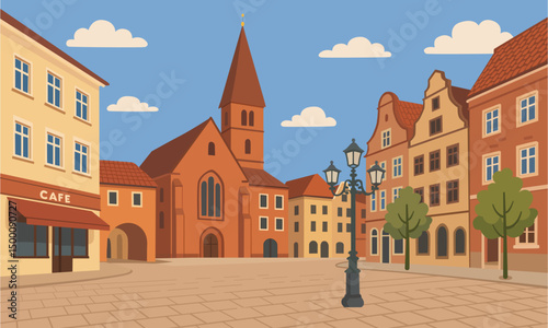 Illustration of a Picturesque European Town. Charming  square featuring pastel-colored buildings and central church.