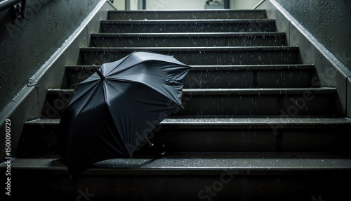 Black umbrella left on dark staircase in urban rain scene mystery concept