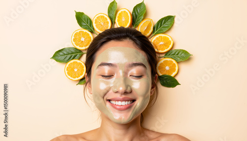 Asian woman smiling with citrus fruits around head for skincare and health