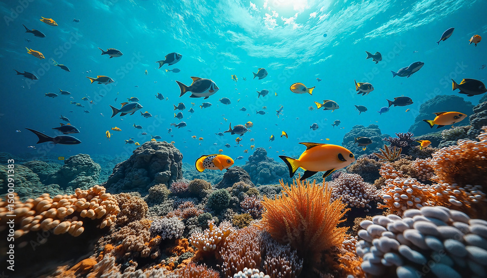 Fototapeta premium Vibrant underwater scene with colorful fish swimming among coral reefs in crystal clear ocean