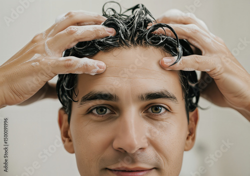 Close-up of a man applying shampoo to his wet hair with hands in a casual bathroom setting, emphasizing care, hygiene, and grooming routines for personal wellness