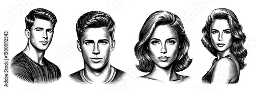 Young Adults Portraits.Guy and Girl.Vintage Engraved style.Hand Drawn Illustration.