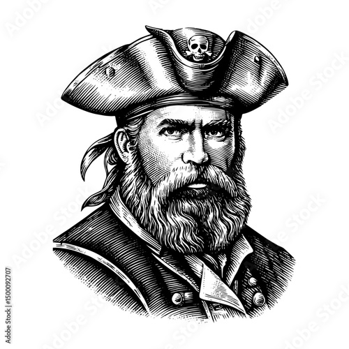 Pirate captain portrait vintage engraving woodblock print style
