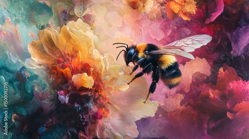 Colorful painting of a bee on a flower. The painting is full of vibrant colors and has a whimsical