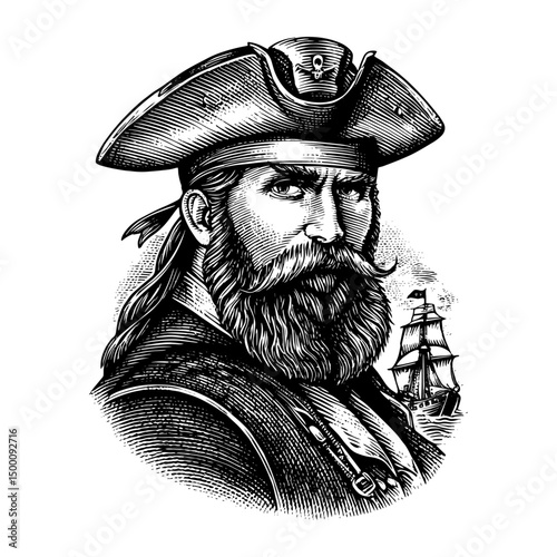 Pirate captain portrait classic vintage engraving  woodcut illustration with sailing ship background