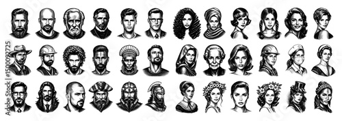 Diverse Collection of 36 Engraved Portraits Representing Various People and Professions in a Classic Vintage Engraved Style.Hand Drawn Illustration.