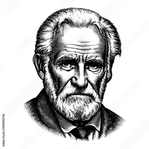 Elderly man with serious expression and long thick beard in vintage engraved woodcut portrait style.