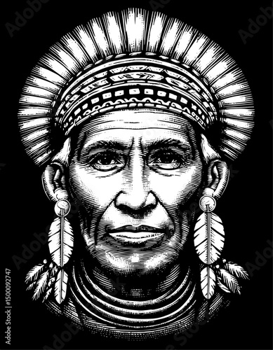 Indigenous man  portrait wearing headdress in vintage engraved woodcut style.