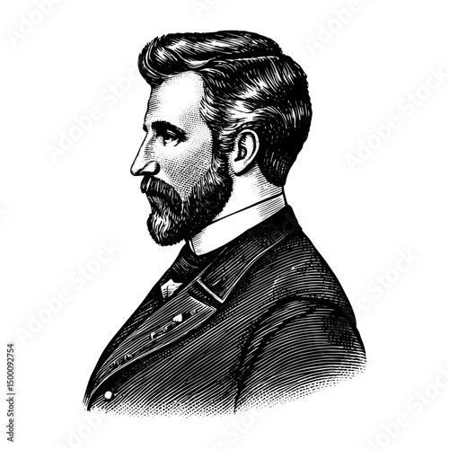 Man in profile view with groomed mustache and beard in vintage engraving style.
