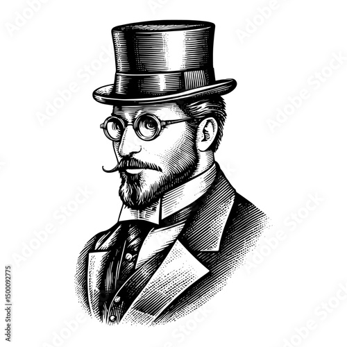 Gentleman wearing top hat and glasses in vintage wood engraving style.