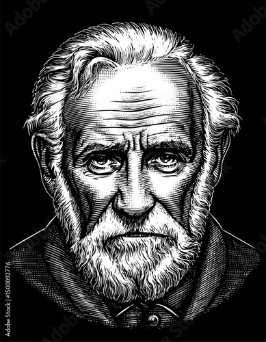 Elderly man portrait with long white beard  in vintage engraved woodcut style against black background