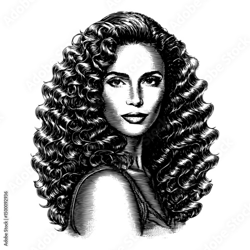 Woman with long wavy hair in vintage wood engraving style portrait