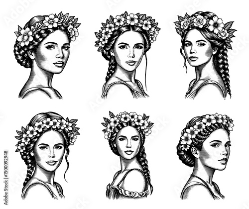 Women with Flower Crowns and Braided Hair Vintage engraved Woodcut Style Illustrations Collection