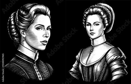Women in Historical Attire ,17th-Century Style Dress in Vintage engraved style against black background