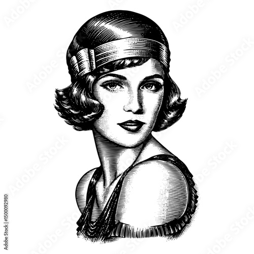 Flapper woman in vintage engraved in ink hand drawn. style