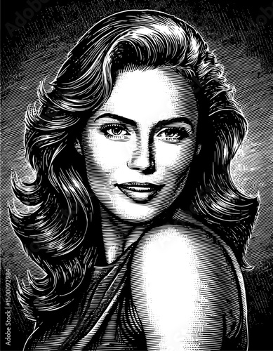 Woman Portrait with Wavy Hair in vintage  engraved style