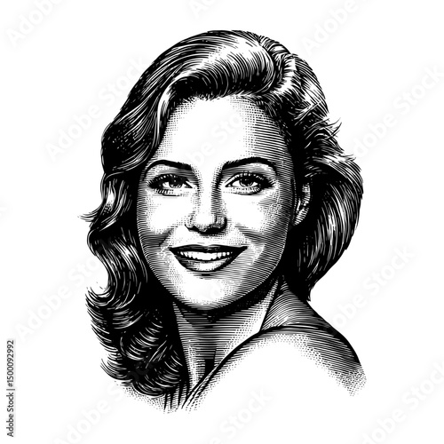 Woman with Wavy Hair Engraving Portrait with Gentle Smile and Vintage Aesthetic