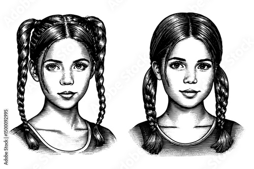Girls with Pigtails Woodcut Engraved Portraits Vintage Aesthetic