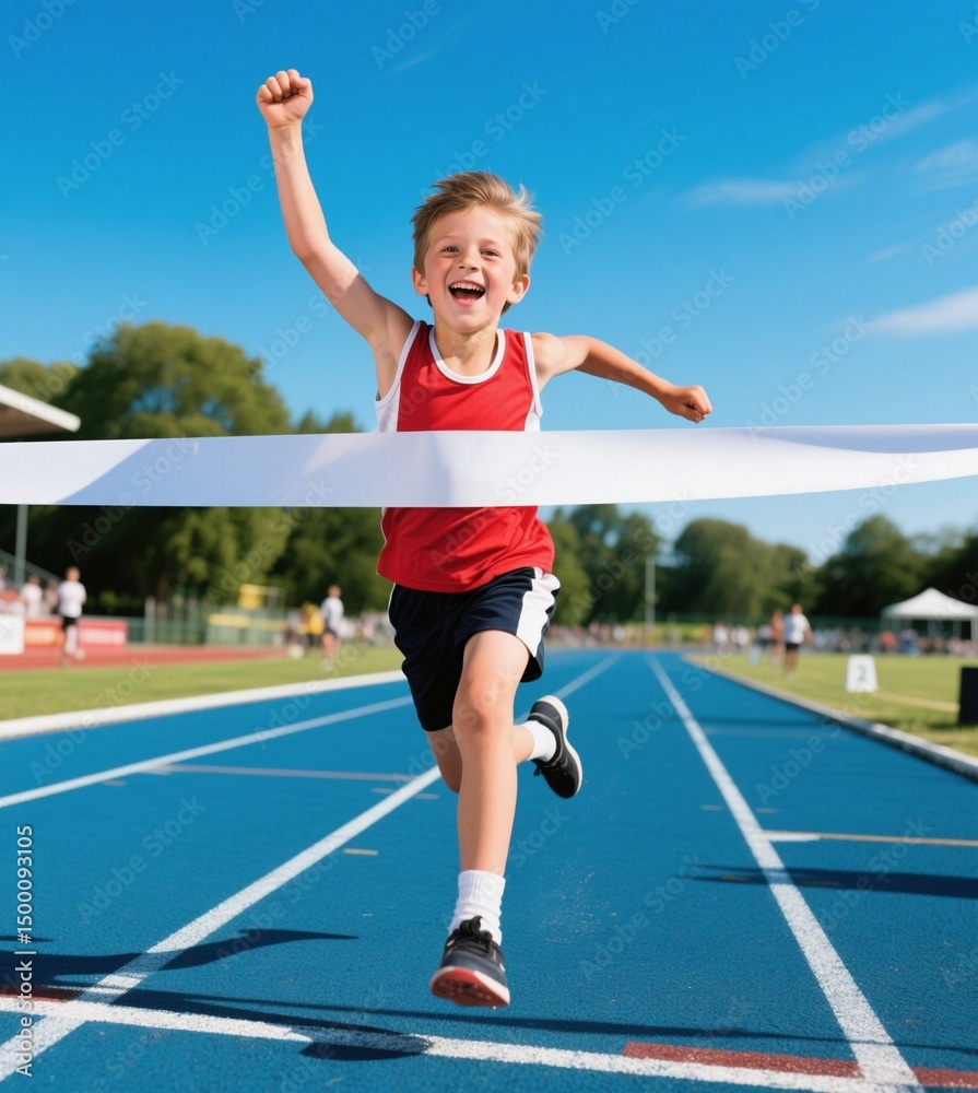 Obraz premium child sport athlete competition running race victory success win winner exercise sprinting runner achievement finish line finish celebration challenge happiness winning motivation excitement