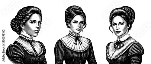 Women in Late 19th/Early 20th Century Attire,Vintage Engraving Style Portraits