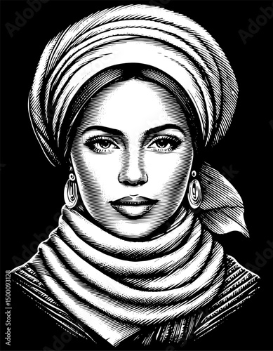 Woman in Headscarf and Shawl,Vintage Woodblock Print Style Illustration