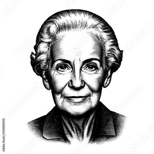 Elderly Woman Woodcut Portrait, Vintage Engraved Style