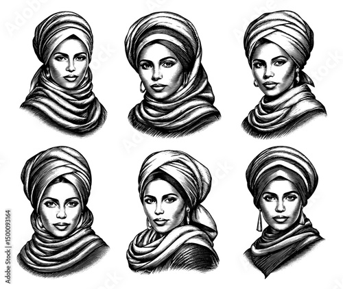 Women with Headwraps, Portraits in Vintage Engraved Woodcut Style