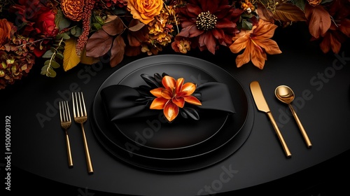 Elegant place setting displays orange flower on black napkin atop layered plates near gold flatware and autumnal floral arrangement.