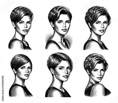 Woman multiple short hairstyles engraved style vintage illustration