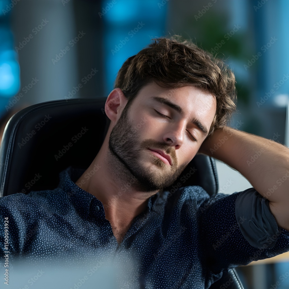 Obraz premium Exhausted man resting in office chair, hand behind neck showing signs of neck pain from long work hours and poor posture. Concept: neck strain, tension, workplace fatigue.