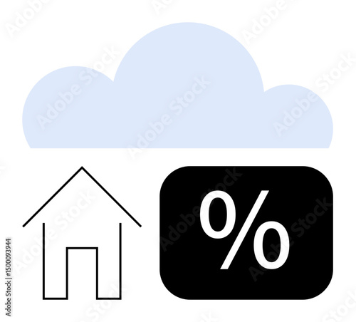 Cloud above a house outline and percentage icon, symbolizing digital tools for mortgage rates, home loans, or real estate trends. Ideal for finance, property investment, banking, data storage, cloud