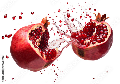Two pomegranates splashing water isolated on a white background, Png Transparent Background