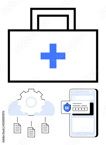 Medical briefcase with cross, cloud with gear and files, and smartphone with locked password input. Ideal for healthcare, data protection, cybersecurity, cloud storage, mobile access, technology